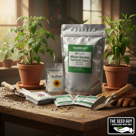 The Seed Guy 60 Variety Heirloom Seed collection in a silver Mylar bag with official brand logo.