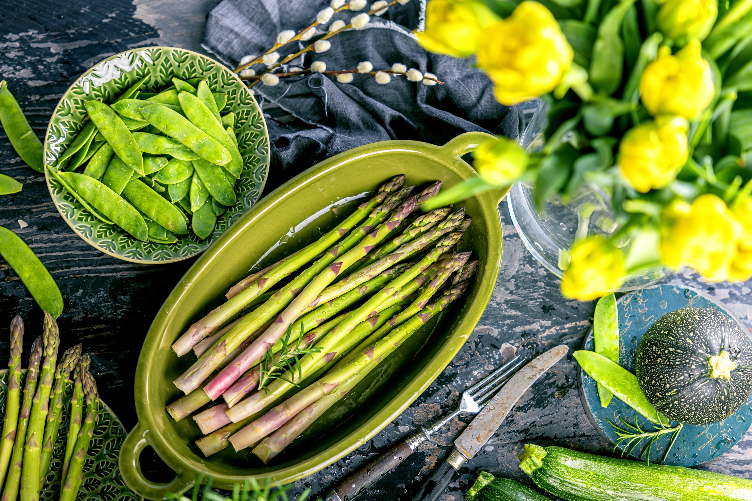 High-yield perennial crops including asparagus, chives, lemon balm, and thyme